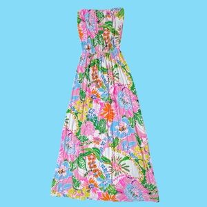 Lilly Pulitzer Target Maxi Long Dress Floral Strapless White Pink Medium Resort